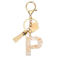 Alphabet Initial Letter Keychain Cute Charm with Tassel Heart Letter P, Beige