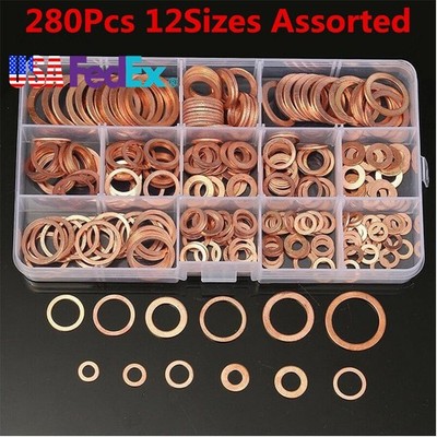 280pc Solid Copper Crush Washers Seal Sealing Flat Ring Gaskets 12Sizes Assorted