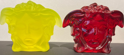 Rosenthal Versace Glass Paperweights Red &Y ellow Uranium Glass BRAND NEW BOXED