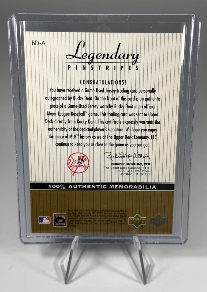 2000 Upper Deck Legendary Pinstripes Bucky Dent Relic Auto #BD-A Foto 2 de 2