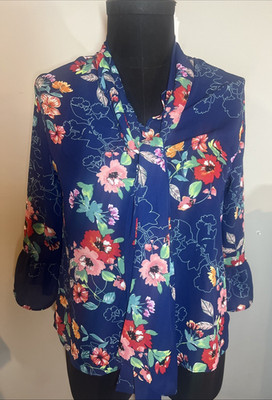 Primark Women s Blouse Blue Floral Ruffle Sleeve Tie Neck Sz 8 Springtime