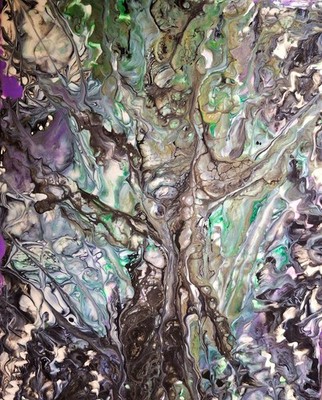 Painting, Abstract, Pour, Greens, Purple,Gold,Tree,Faces,Small,Canvas