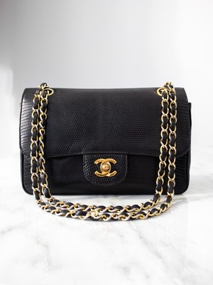 Chanel Vintage Small Classic Flap Exotic Lizard Leather 24K Gold CC Black Bag