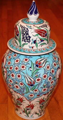 Turkish 17"x9" Handpainted Iznik Tulip & Daisy Pattern Ceramic Jar Urn Canister - Picture 4 of 9