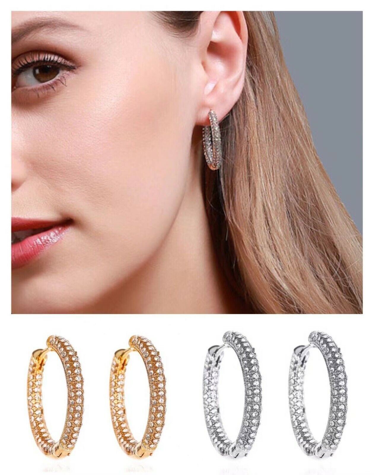 Sparkling Silver Gold Rhinestone Round Hoop Earrings for Women Day to Night-image