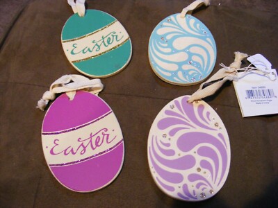 4 Wood egg shape Easter ornaments teal purple glitter NWT Primitives Kathy