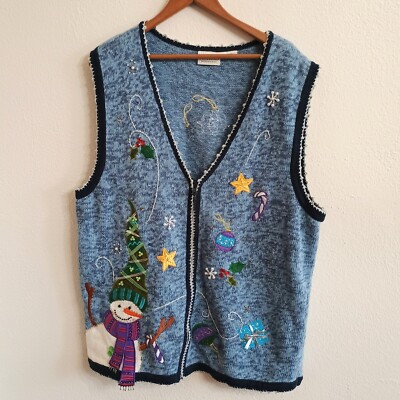 Vintage White Stag Snowman Blue Embroidered Beaded Sweater Vest  Zip Up Size 16W