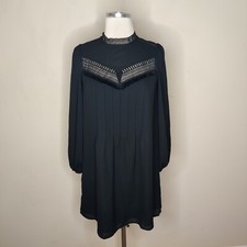 Ann Taylor Dress Size XXS Petite Black Long Sleeve Lace Inset Fringe Pleated NWT