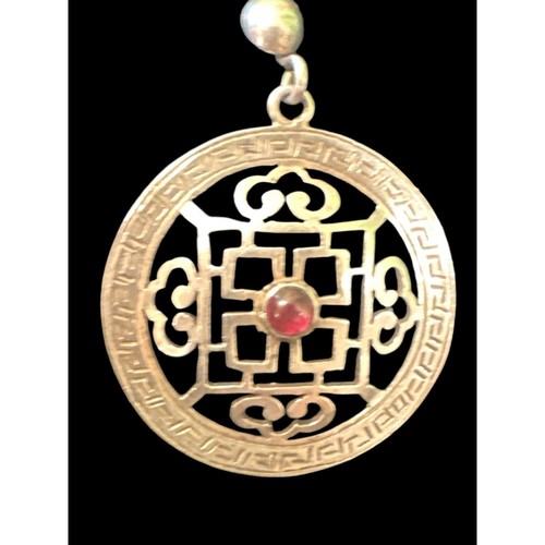 Vintage Sterling Silver Chinese Lattice Drop Earrings with Garnet Stone Center - Picture 4 of 5