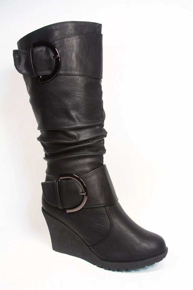 Women's Lace Low Wedge Mid-Calf Knee High Slouchy Boot Shoes Size 5 - 10 NEW - Image 2 of 4