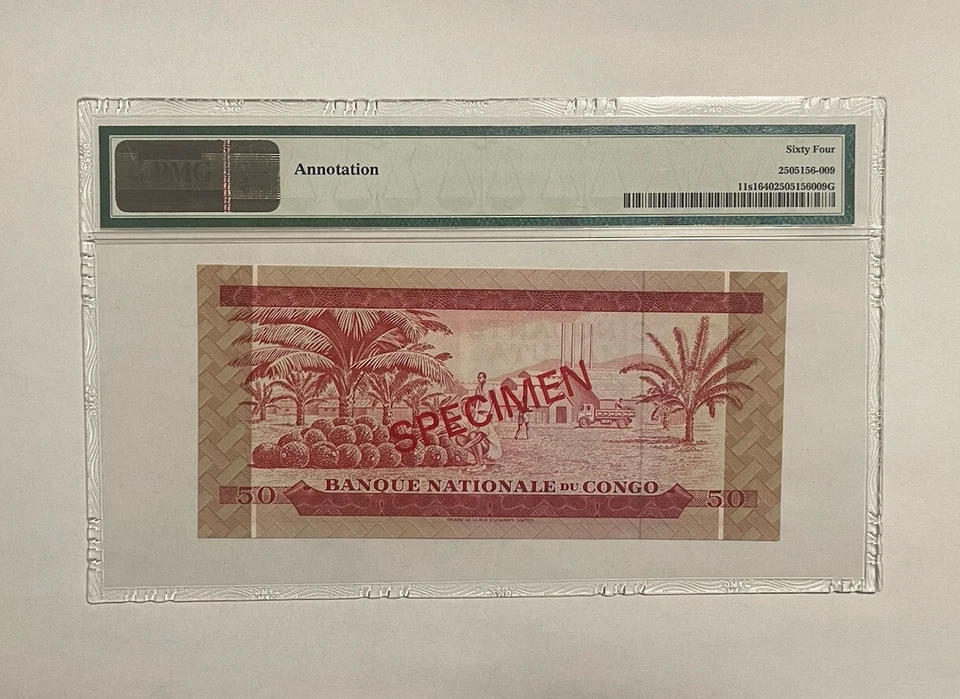 Congo 50 Makuta 1967-68 P-11a SPECIMEN Graded PMG 64 UNC - Image 2 of 2