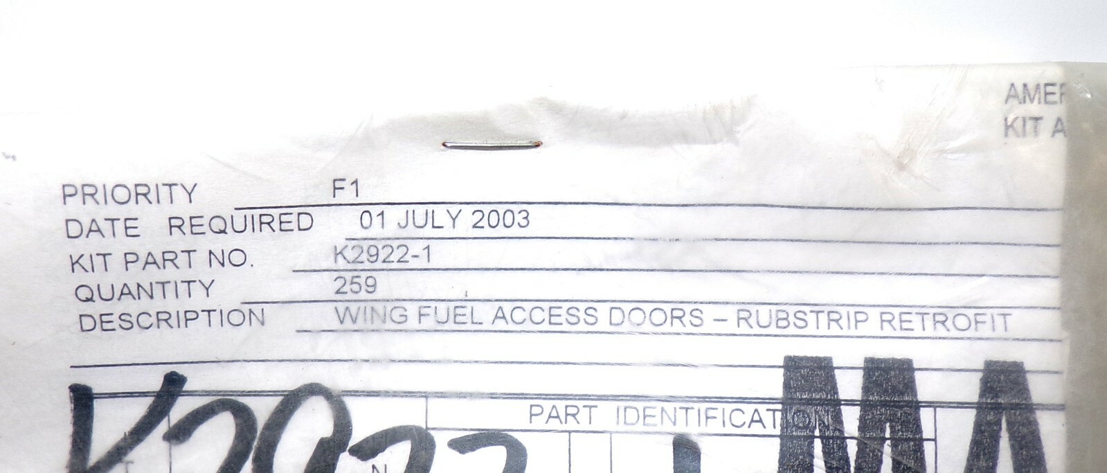 AIRCRAFT HARDWARE KIT, K29221, WING FUEL ACCESS DOORS RUBSTRIP