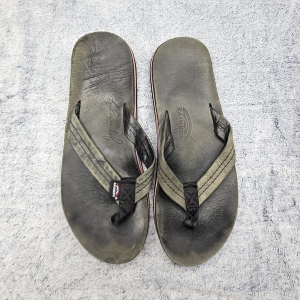 RAINBOW Sandals Flip Flops Black Unisex 11.5" Leather Wide Straps Regular