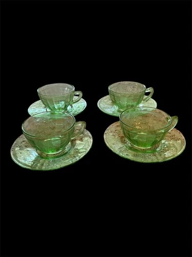 Four Anchor Hocking Uranium Glass Cups And Saucers (Set of 4)