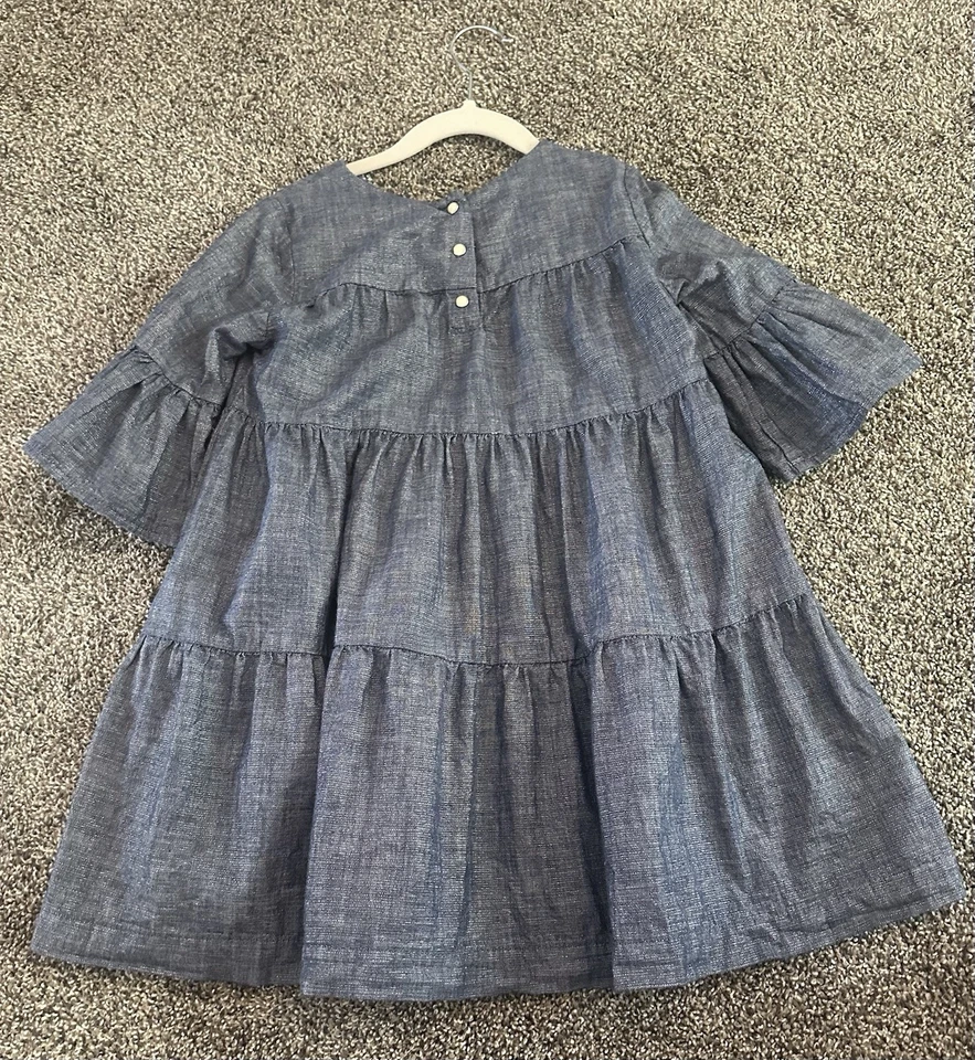 Vestido Gymboree Niñas Azul Algodón Cambray Plateado Brillante Volantes En Niveles Talla 5 Foto 2 de 3