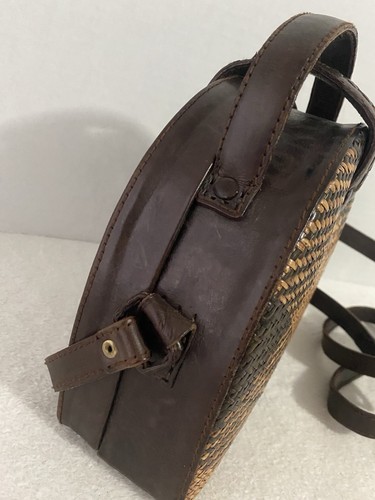 Vintage Indonesian Rattan Leather Woven Bucket Tote Crossbody Shoulder Bag Boho - Picture 11 of 17