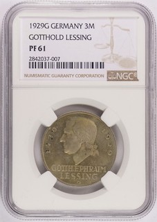 1929G 🌟POP 1/2🌟Germany Weimar Republic 3 Reichsmarks Lessing NGC PF61 KM# 60