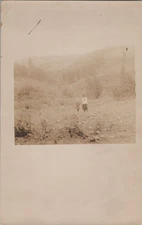 RPPC Postcard Two People in Hilly Field with Distant Forested Hills