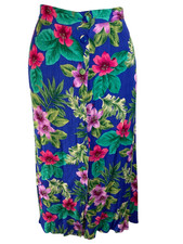 Vintage 90s Sag Harbor Petite Large Blue Tropical Floral Midi Skirt Button Front