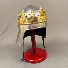 Steel Knight Helmet Brass Crown Medieval King Armor LARP Cosplay Gift