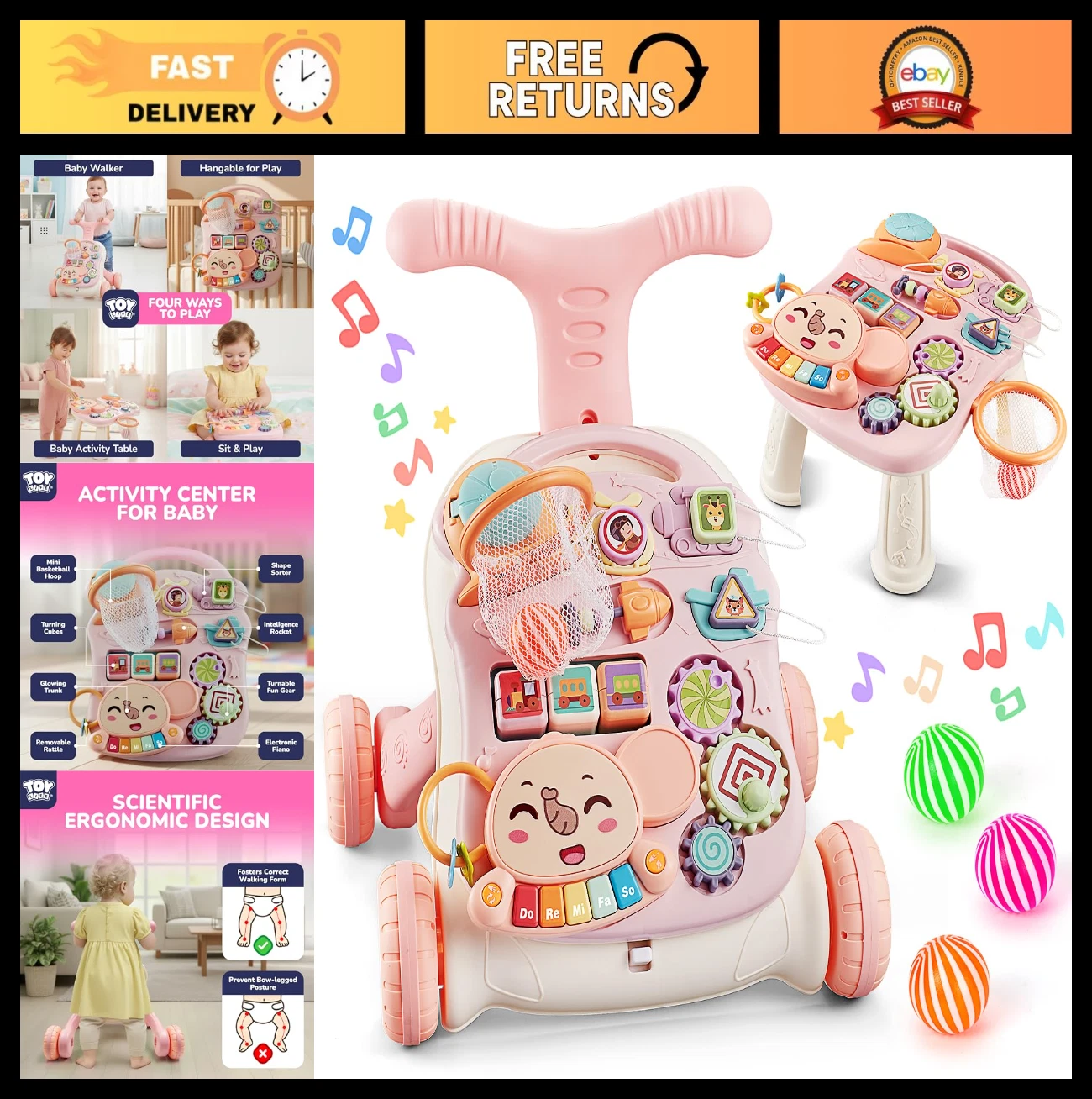 3-in-1 Baby Push Walker & Activity Center - Sit to Stand, Music Panel, Pink, 6-1
Opens in a new wind