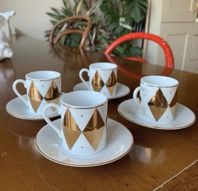 4er Set Espressotassen gold und weiß diamantgemustert