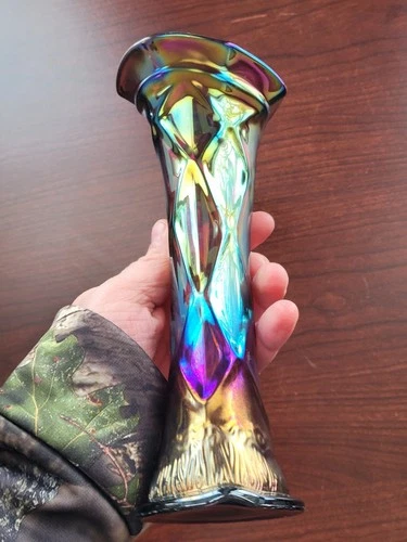 Scarce & Pretty Purple Dugan Carnival Glass Lattice & Points 9 5/8" Vase