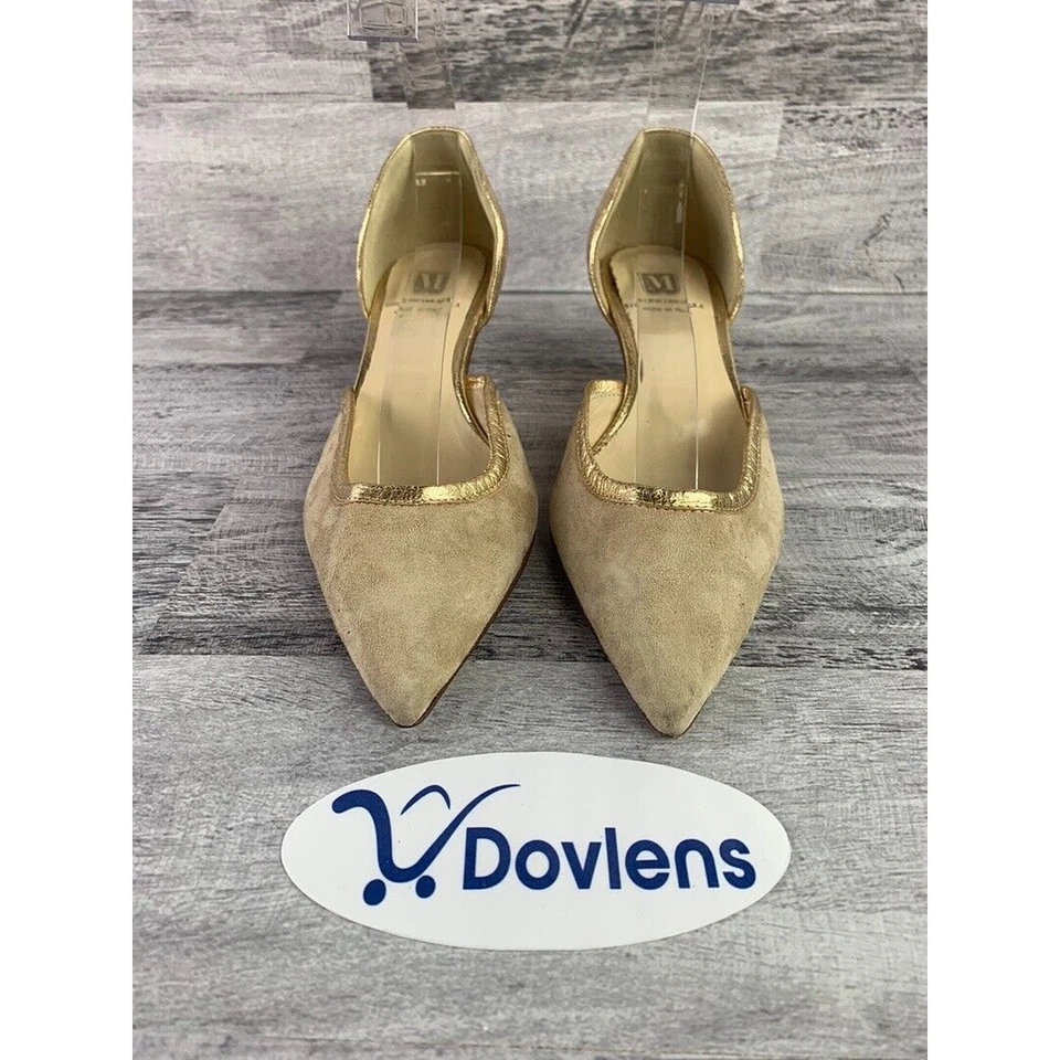 Tacones de gatito Bruno Magli beige y dorado punta para mujer talla 5M Foto 2 de 4