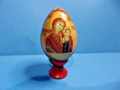 Russian Orthodox Icon Our Lady of Kazan Wooden Egg on Stand Madonna & Child
