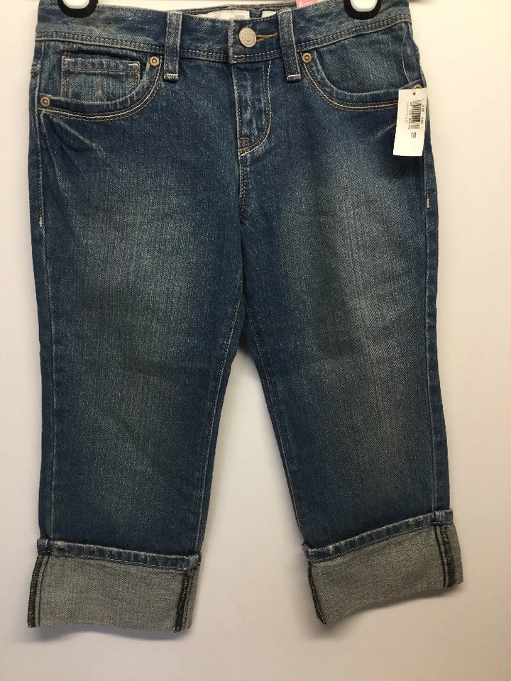 НОВЫЙ С ЯРЛЫКАМИ СТАРЫЙ ТЕМНО-ДЕВОЧЕК СВЕТА СТИРКА ДЖИНСОВОЙ ТКАНИ КАПРИ РЕГУЛИРУЕМАЯ ТАЛИЯ РАЗМЕР 10 - Изображение 2 из 4