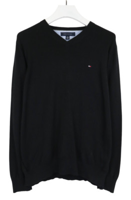 Tommy Hilfiger Jumper Mens Large Black V Neck Logo Tight Knit Sweater