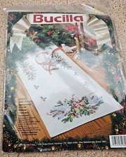 Bucilla 82982 Doves and Holly Table Runnner Stamped Embroidery Kit Vintage 1991