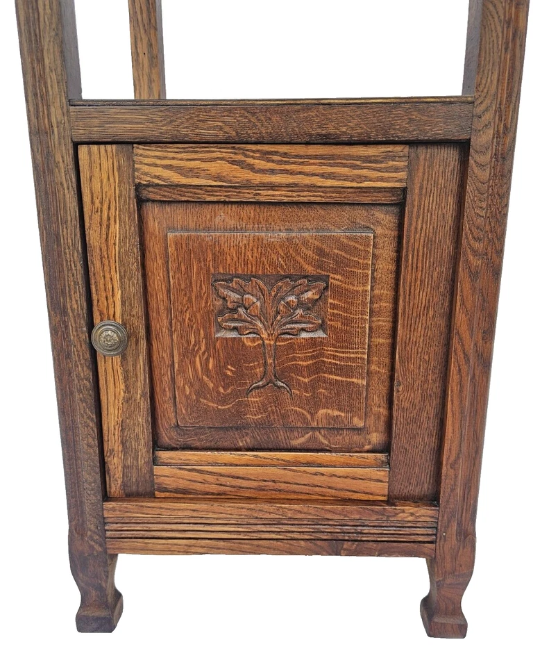 Antique 1920s French Oak Nightstand Carved Oak Tree & Acorn Design White Marble - Image 4 of 4