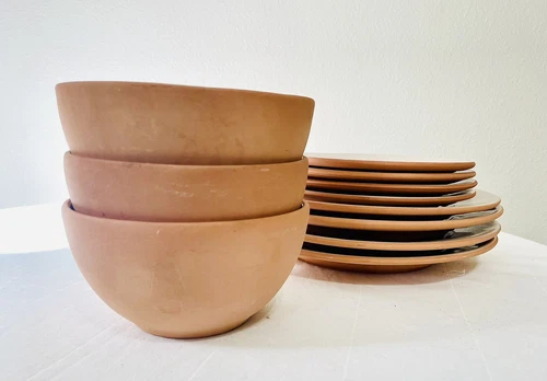 4-Piece Vintage 10.5” Romertopf Terra Rosa Reco Glazed Clay Plates Taupe Mexico