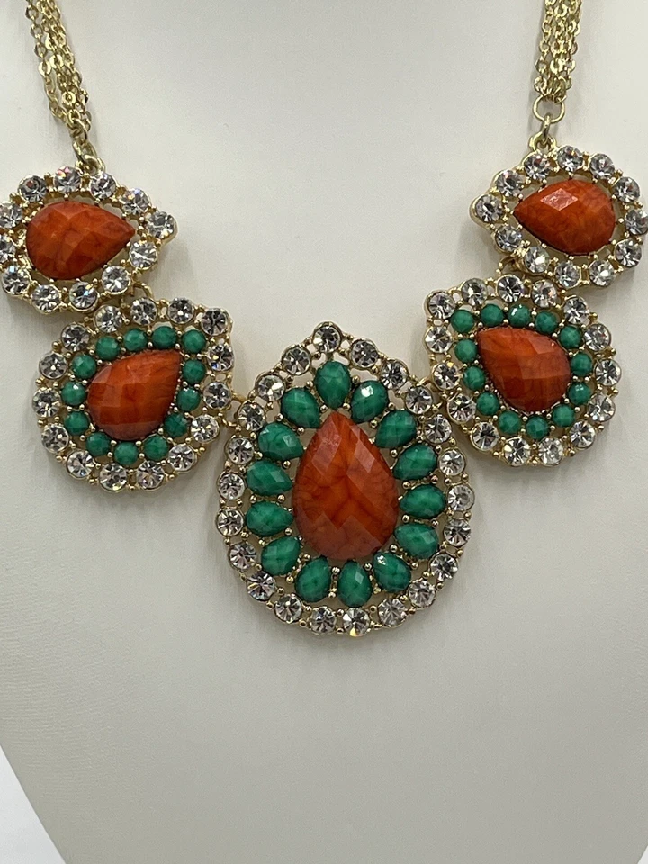Amrita Singh Avery Austrian Orange & Green Crystal Gold Tone Statement Necklace - Image 3 of 4