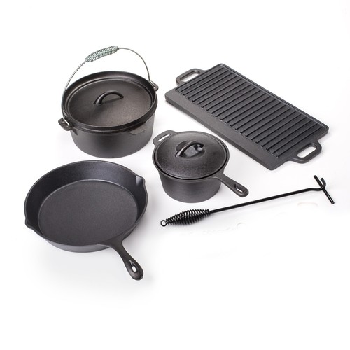 Prospector's Iron Cookware Camping Dutch Oven Set 8 Pieces Wood Box - Picture 2 of 3