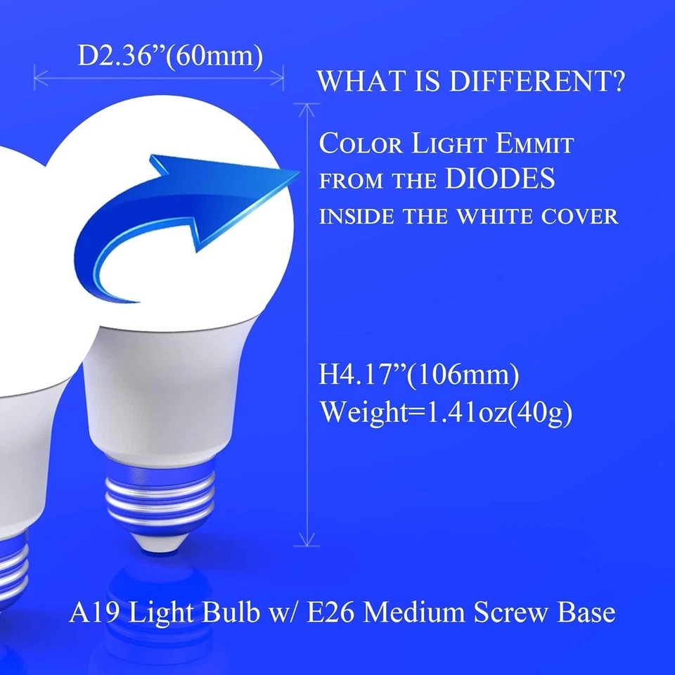 Blue Light Colored A19 LED Light Bulb 60W Equivalent (7W) E26 Base Waterproof - Image 4 of 4
