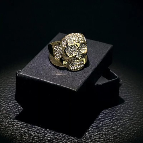 Gothic Biker 2Ct Round Lab Created Diamond Men Skull Ring 14K Yellow Gold Finish - Picture 2 of 5