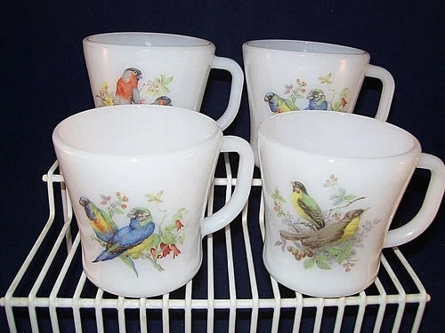 Vintage Federal Milk Glass Set of 4 Coffee Mugs Birds Robins Goldfinch Parakeet 