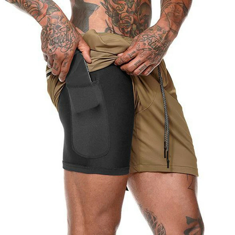 2in1 Running Mens Sports Shorts Built-in Phone Pocket Liner