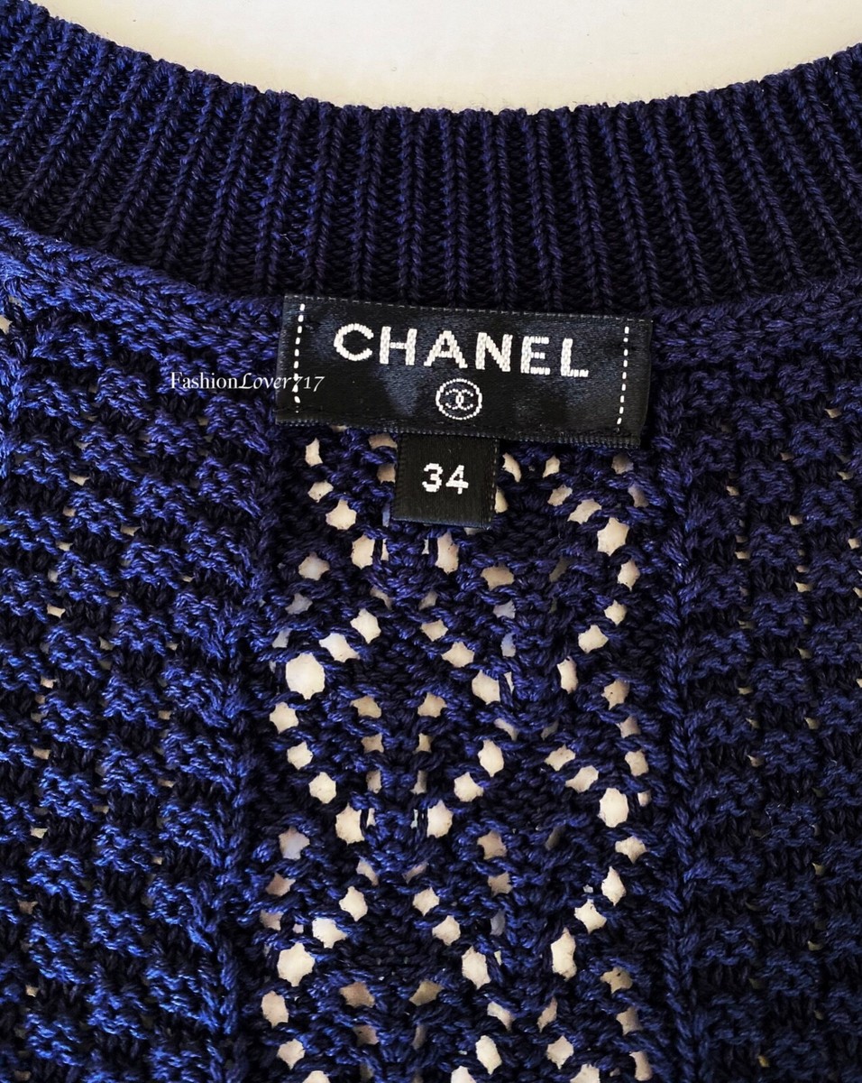 NEW CHANEL 18P NAVY BLUE KNIT CROCHET CC LOGO BUTTONS DRESS 34 XS