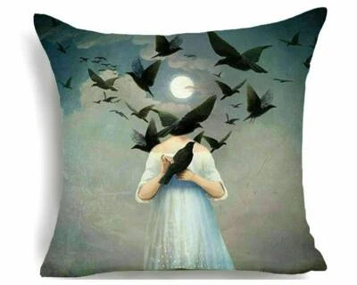 Surreal Pillow Case, Gothic Decor, Woman and Crows, Ravens, Unique Decoration