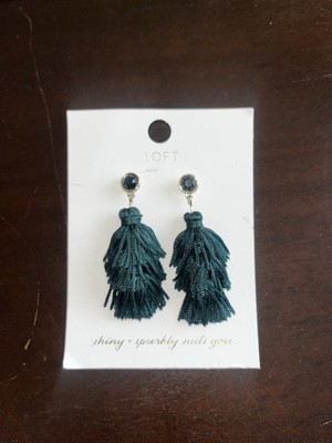 NWT LOFT Emerald Green Fringe Tassel Earrings Dangle Stud Rhinestone  Gold Tone