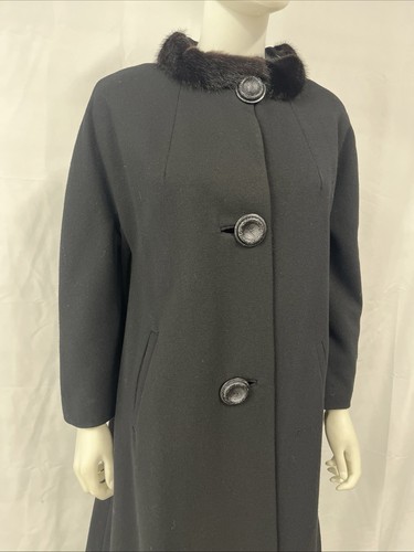 Vintage 50s Bespoke Black Wool + Mink Collar Novelty Buttons Swing Coat Womens L - Picture 7 of 8