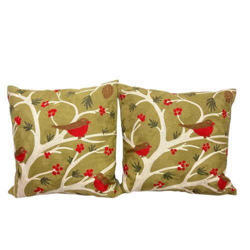 Pottery Barn Set of 2 Embroidered Birds Berries Tree Button Back Feather Pillows - Picture 2 of 9