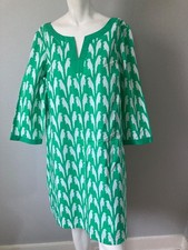 Talbots Green White Parrot Print Tunic Dress Size 14 Cotton Split Neck