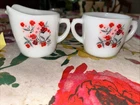 Vtg Fire King Milk Glass Cream Pitcher & Sugar Bowl In Floral Primrose Pattern.