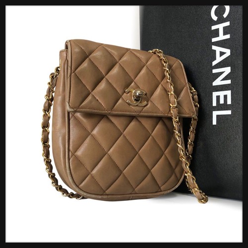 CHANEL Quilted Lambskin Flap Chain Shoulder Bag Light Brown Good Condition
