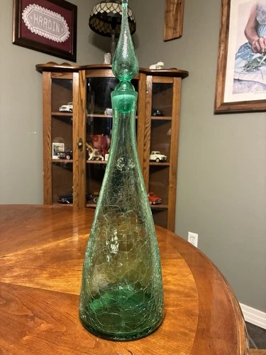 Blenko Handcrafted 16 1/2” Crackle Glass Bottle Decanter with Stopper Vintage