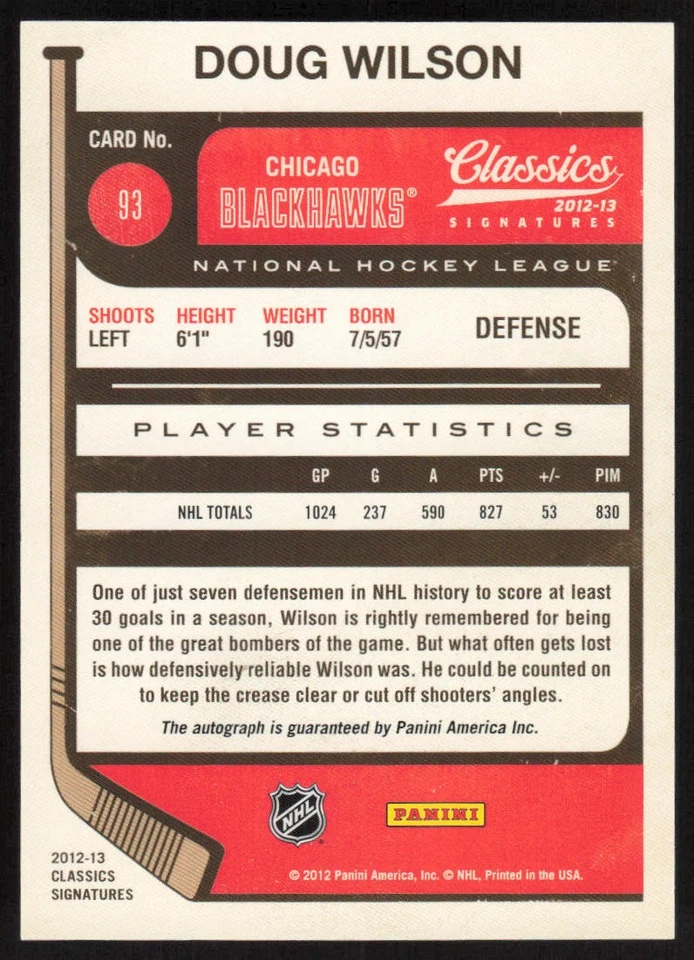 2012-13 Panini Classics Signatures Autographs #93 Doug Wilson Chicago Blackhawks - Image 2 of 2